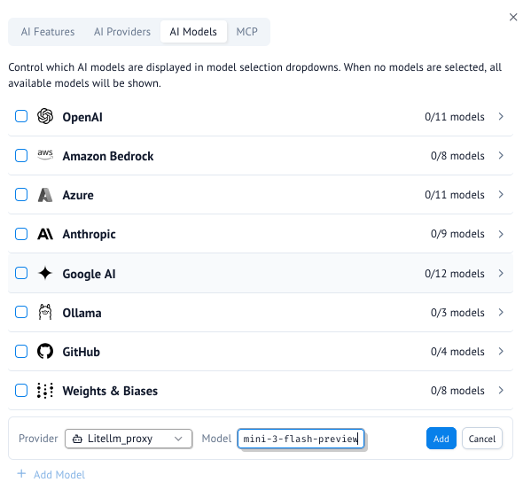 Adding a model in the AI Models tab