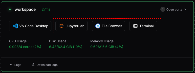 Workspace Dashboard with dotted red line around buttons for browser-based tools